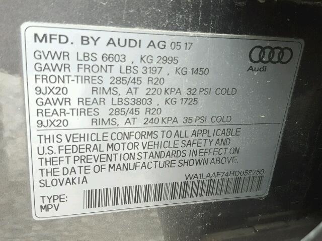 WA1LAAF74HD058759 - 2017 AUDI Q7 PREMIUM GRAY photo 10