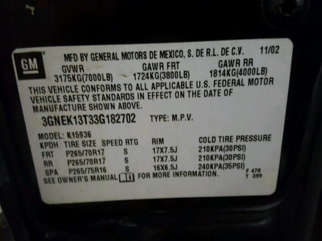 3GNEK13T33G182702 - 2003 CHEVROLET AVALANCHE CHARCOAL photo 10