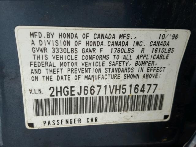 2HGEJ6671VH516477 - 1997 HONDA CIVIC LX BLUE photo 10