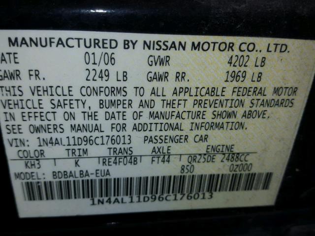 1N4AL11D96C176013 - 2006 NISSAN ALTIMA S BLACK photo 10