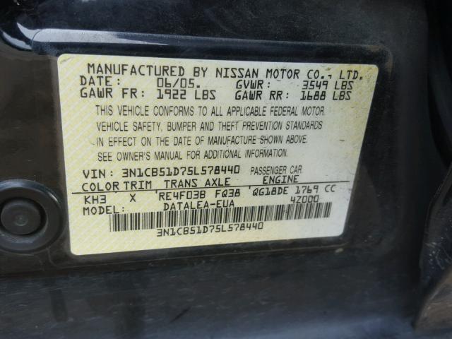 3N1CB51D75L578440 - 2005 NISSAN SENTRA 1.8 BLACK photo 10