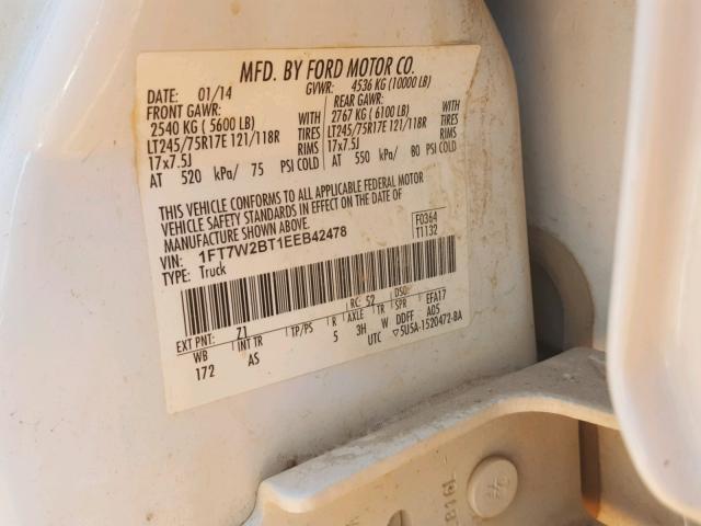 1FT7W2BT1EEB42478 - 2014 FORD F250 SUPER WHITE photo 10