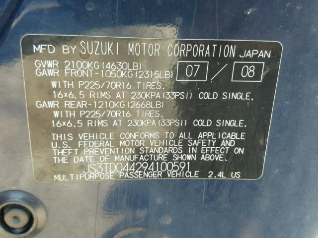 JS3TD044294100591 - 2009 SUZUKI GRAND VITA BLUE photo 10