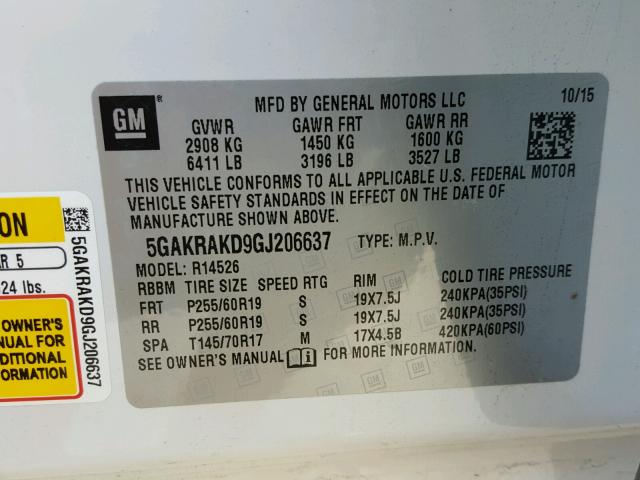 5GAKRAKD9GJ206637 - 2016 BUICK ENCLAVE WHITE photo 10