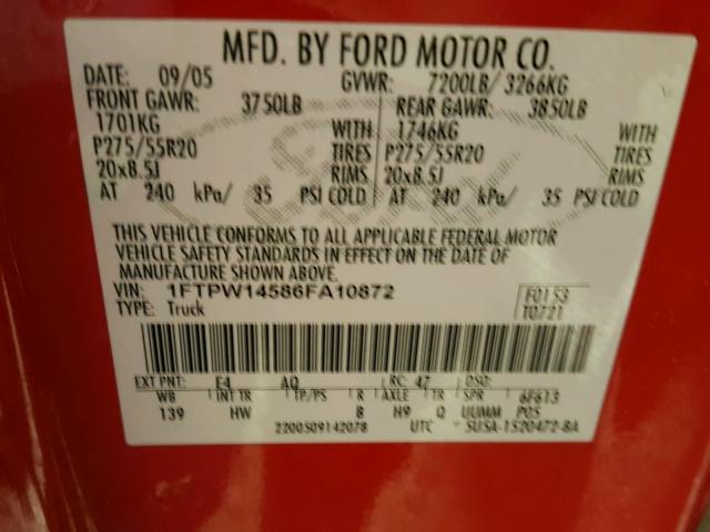 1FTPW14586FA10872 - 2006 FORD F150 SUPER TWO TONE photo 10