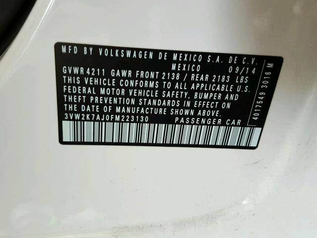 3VW2K7AJ0FM223130 - 2015 VOLKSWAGEN JETTA BASE WHITE photo 10