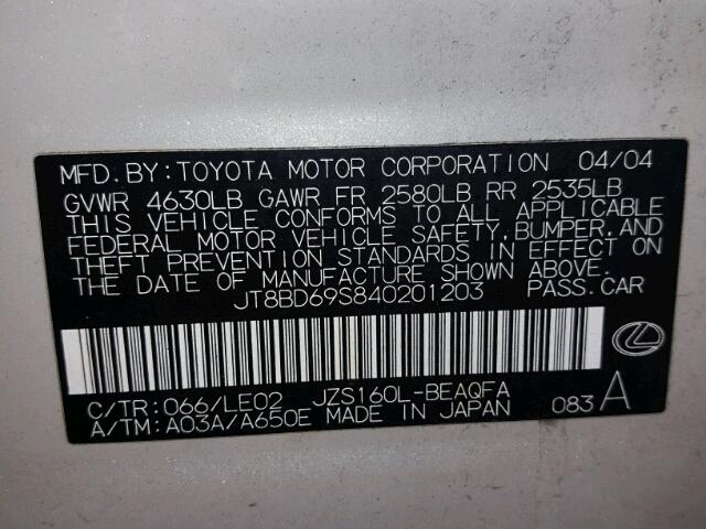 JT8BD69S840201203 - 2004 LEXUS GS 300 CREAM photo 10