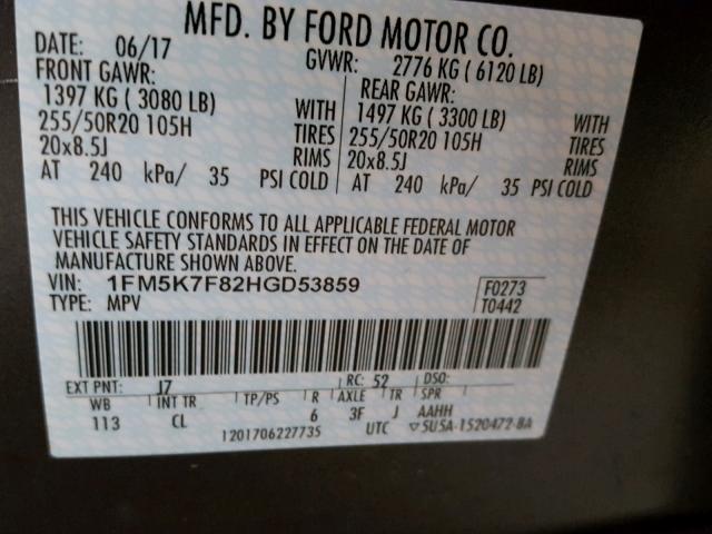 1FM5K7F82HGD53859 - 2017 FORD EXPLORER L GRAY photo 10