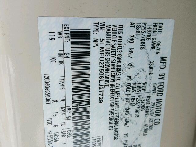 5LMFU27506LJ27729 - 2006 LINCOLN NAVIGATOR WHITE photo 10