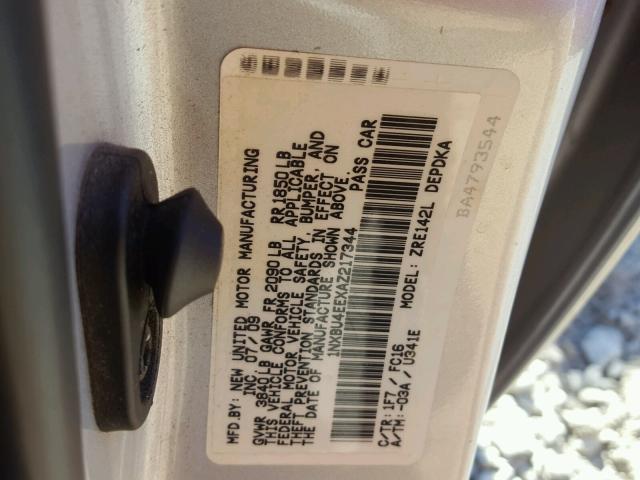 1NXBU4EEXAZ217344 - 2010 TOYOTA COROLLA BA SILVER photo 10