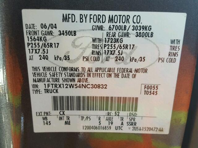 1FTRX12W54NC30832 - 2004 FORD F150 CHARCOAL photo 10