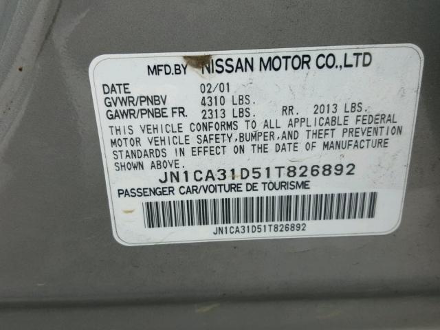 JN1CA31D51T826892 - 2001 NISSAN MAXIMA GXE SILVER photo 10