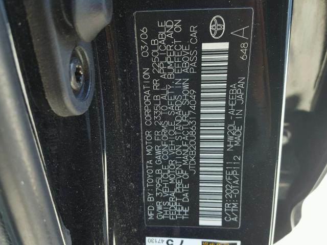 JTDKB20U863174049 - 2006 TOYOTA PRIUS BLACK photo 10