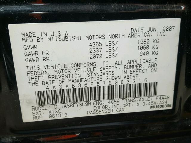 4A3AB36F87E083215 - 2007 MITSUBISHI GALANT ES BLACK photo 10