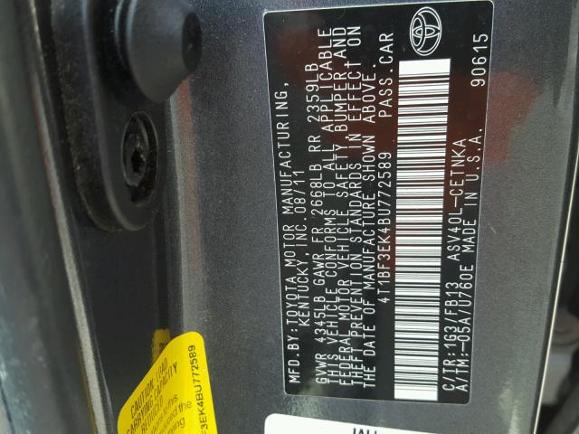 4T1BF3EK4BU772589 - 2011 TOYOTA CAMRY BASE GRAY photo 10