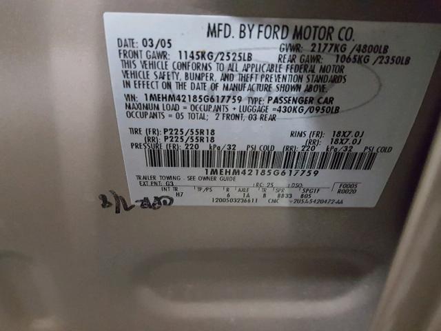 1MEHM42185G617759 - 2005 MERCURY MONTEGO PR 金色 照片 10