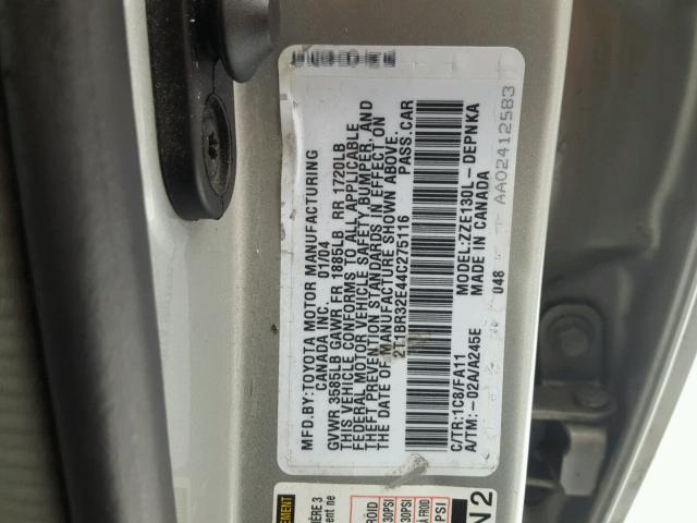 2T1BR32E44C275116 - 2004 TOYOTA COROLLA CE SILVER photo 10