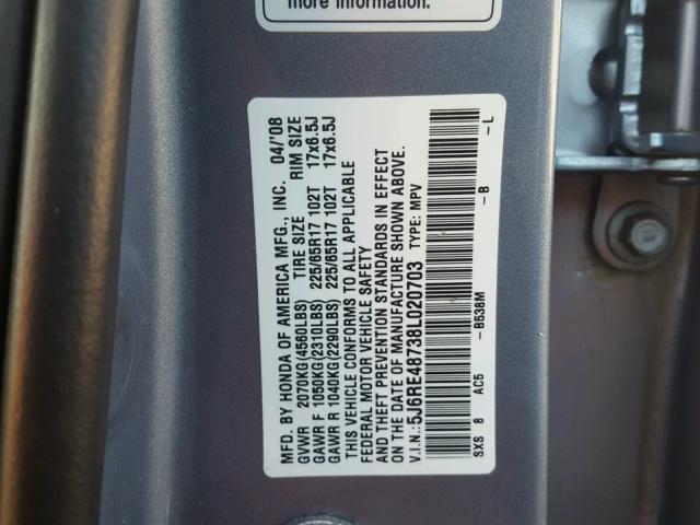 5J6RE48738L020703 - 2008 HONDA CR-V EXL BLUE photo 10