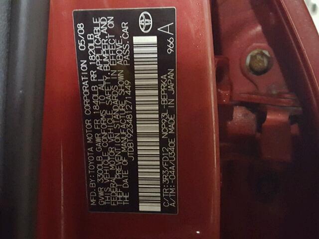 JTDBT923481271449 - 2008 TOYOTA YARIS RED photo 10