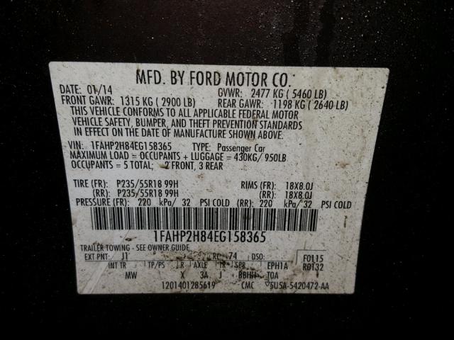 1FAHP2H84EG158365 - 2014 FORD TAURUS SEL BLACK photo 10