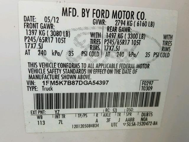 1FM5K7B87DGA54397 - 2013 FORD EXPLORER WHITE photo 10