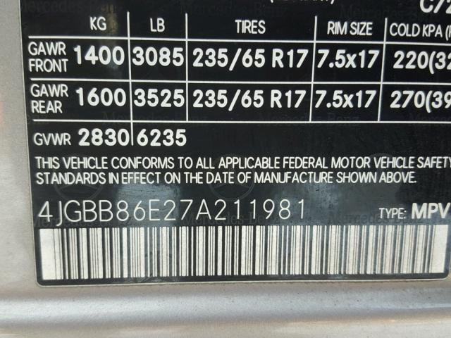 4JGBB86E27A211981 - 2007 MERCEDES-BENZ ML 350 SILVER photo 10