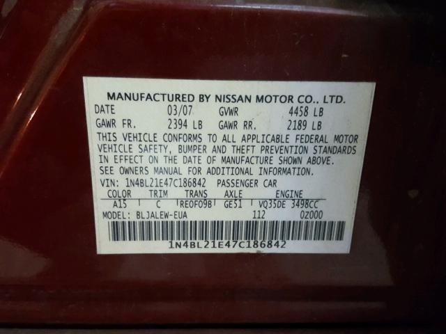 1N4BL21E47C186842 - 2007 NISSAN ALTIMA 3.5 MAROON photo 10