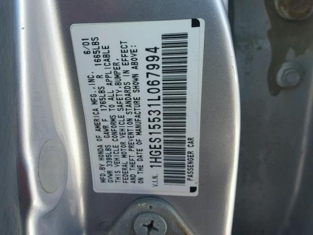 1HGES15531L067994 - 2001 HONDA CIVIC LX SILVER photo 10