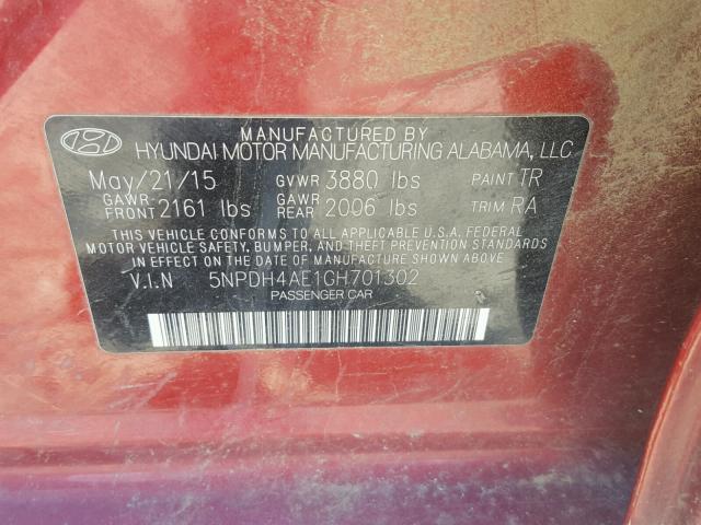 5NPDH4AE1GH701302 - 2016 HYUNDAI ELANTRA SE RED photo 10