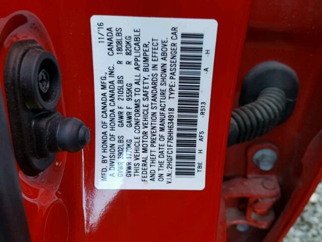 2HGFC1F76HH634918 - 2017 HONDA CIVIC EXL 红色 照片 10