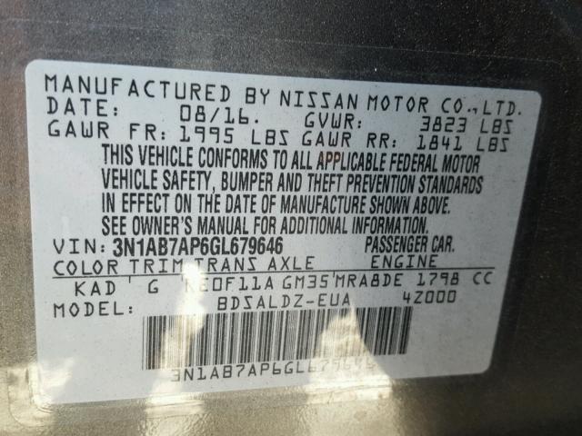 3N1AB7AP6GL679646 - 2016 NISSAN SENTRA S GRAY photo 10