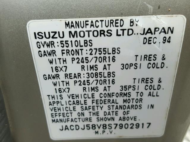 JACDJ58V8S7902917 - 1995 ISUZU TROOPER S GOLD photo 10