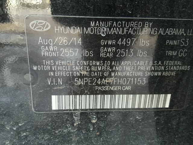 5NPE24AF7FH071153 - 2015 HYUNDAI SONATA SE BLACK photo 10