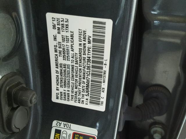 5J6RM4H71CL067384 - 2012 HONDA CR-V EXL CHARCOAL photo 10