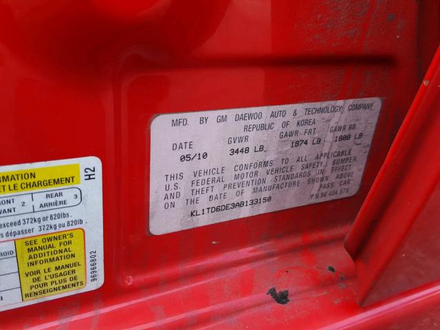 KL1TD6DE3AB133150 - 2010 CHEVROLET AVEO LS RED photo 10