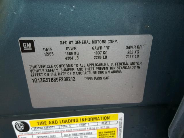 1G1ZG57B39F209212 - 2009 CHEVROLET MALIBU LS BLUE photo 10