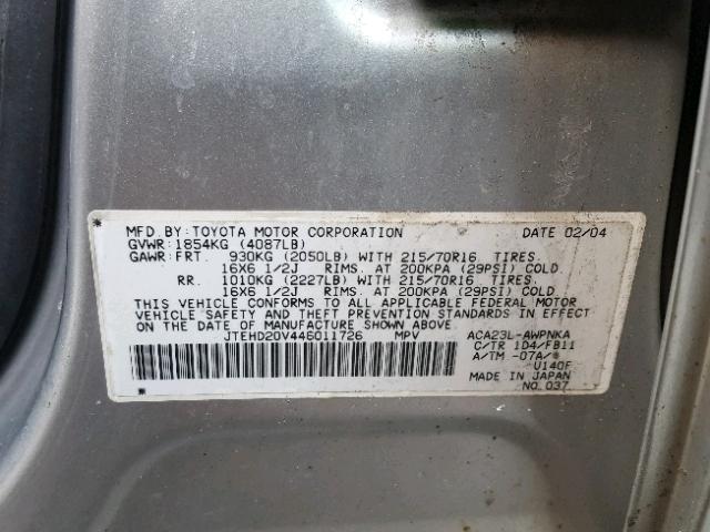 JTEHD20V446011726 - 2004 TOYOTA RAV4 SILVER photo 10