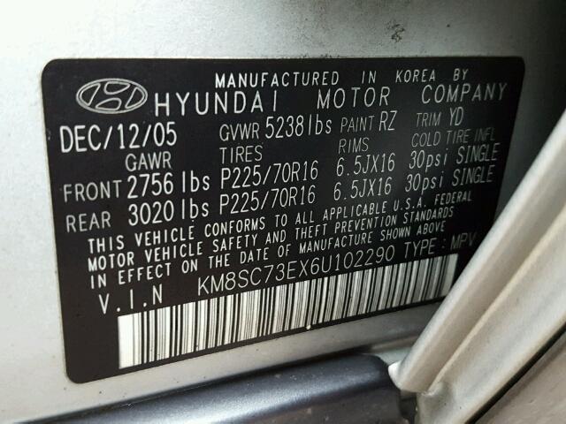 KM8SC73EX6U102290 - 2006 HYUNDAI SANTA FE G SILVER photo 10