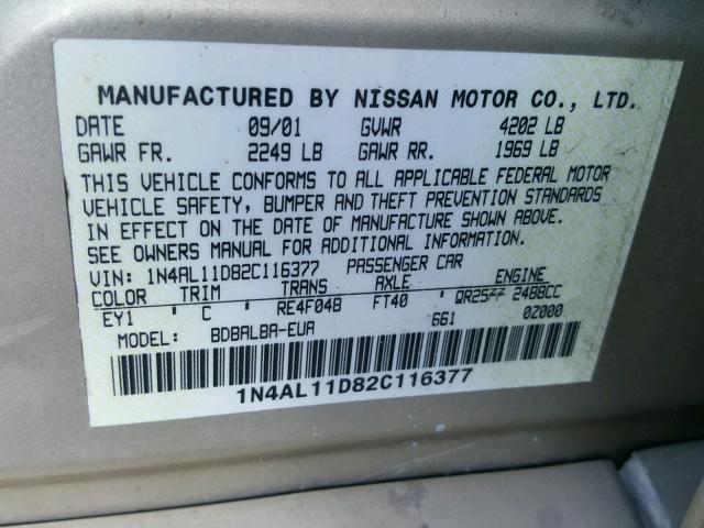 1N4AL11D82C116377 - 2002 NISSAN ALTIMA BAS TAN photo 10