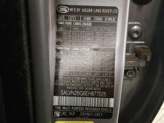 SALVN2BG6EH877025 - 2014 LAND ROVER RANGE ROVE GRAY photo 10