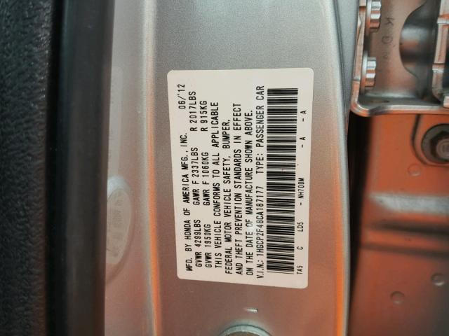 1HGCP2F48CA187177 - 2012 HONDA ACCORD LXP SILVER photo 10