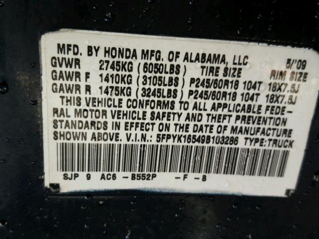 5FPYK16549B103286 - 2009 HONDA RIDGELINE BLUE photo 10