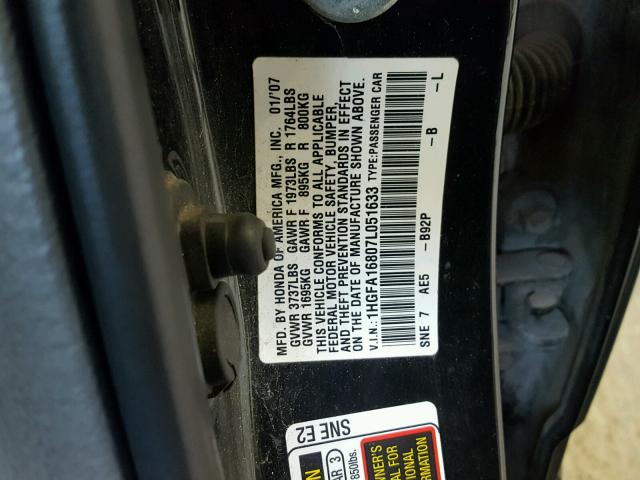 1HGFA16807L051633 - 2007 HONDA CIVIC EX BLACK photo 10