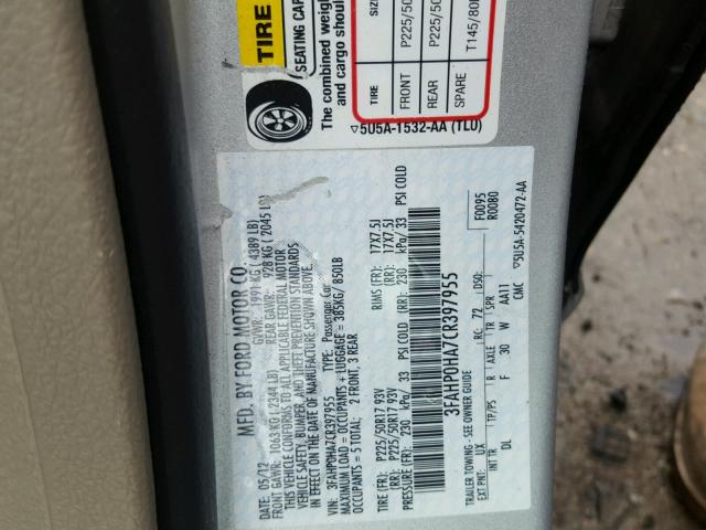 3FAHP0HA7CR397955 - 2012 FORD FUSION SE SILVER photo 10