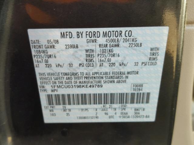 1FMCU03198KE49789 - 2008 FORD ESCAPE XLT GRAY photo 10