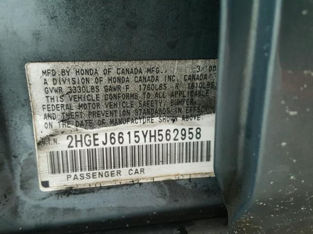 2HGEJ6615YH562958 - 2000 HONDA CIVIC BASE BLUE photo 10