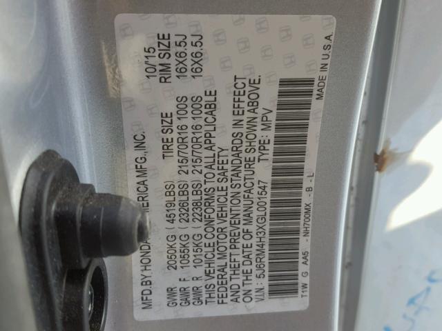 5J6RM4H3XGL001547 - 2016 HONDA CR-V LX SILVER photo 10