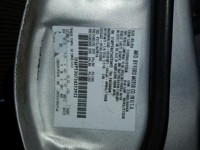 1FAFP53U73A253922 - 2003 FORD TAURUS SE SILVER photo 10