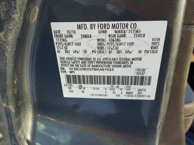 1FMCU9DG7BKA61023 - 2011 FORD ESCAPE XLT BLUE photo 10