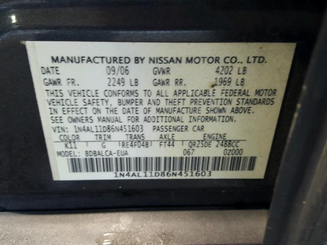 1N4AL11D86N451603 - 2006 NISSAN ALTIMA S GRAY photo 10